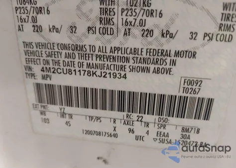 2008 Mercury Mariner V6 z USA, uszkodzony, nr VIN 4M2CU81178KJ21934